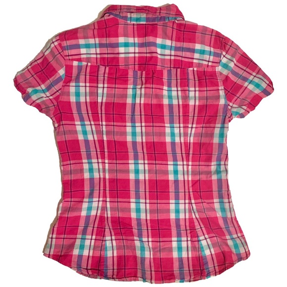 pink blue plaid short sleeve button up shirt - Picture 2 of 4
